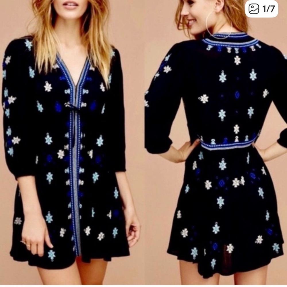 Free People Stargazer Black Mini Dress with Blue Embroidery